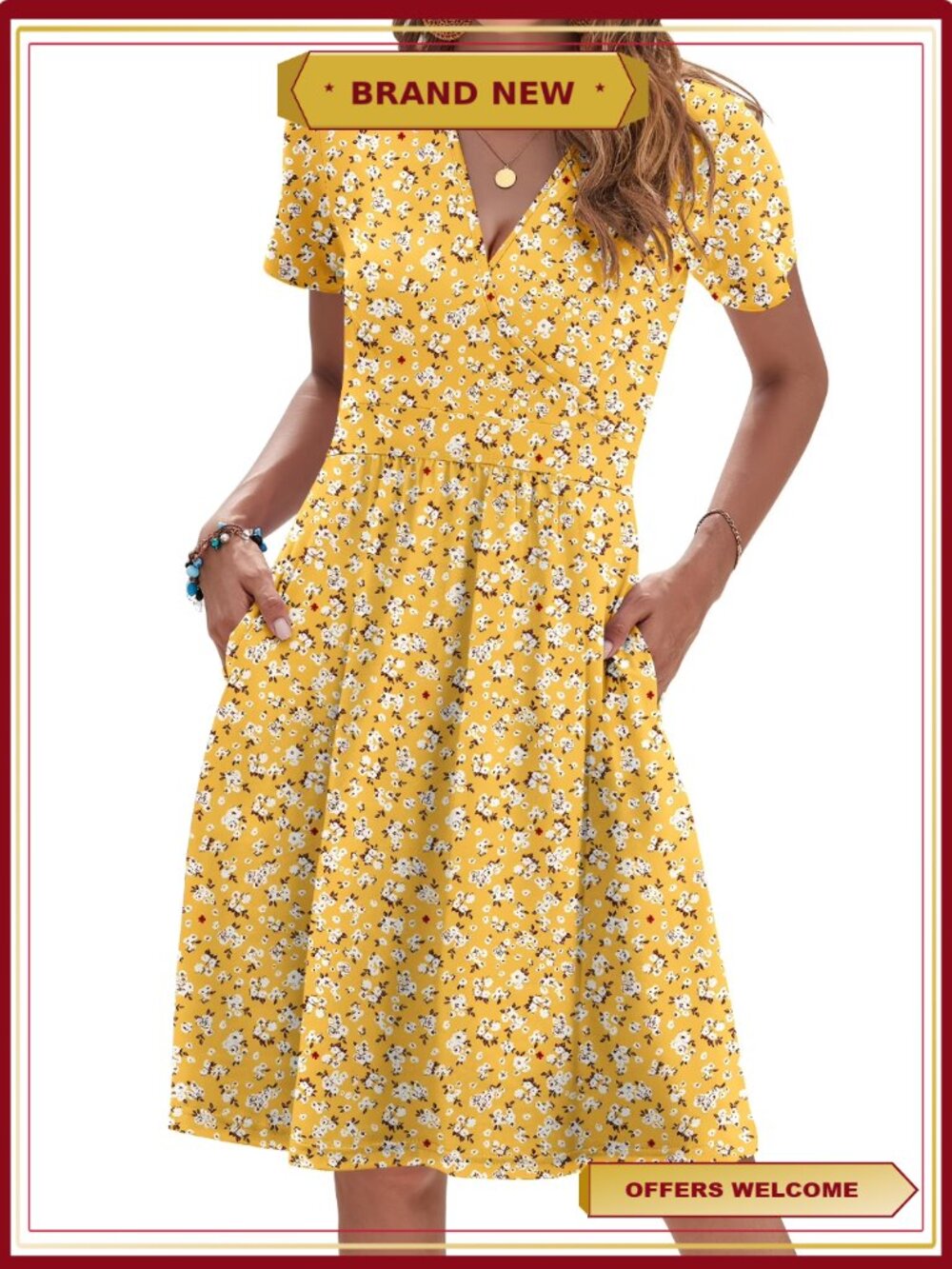 Women Summer V Neck Floral Wrap Dress Short Sleeve Pockets